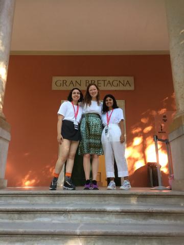 Circuit member Clarisse Rangel Pamplona Learning and Engagement Assistant Imogen Phillips and Art History student Iman Khakoo in Venice with the British Council Fell